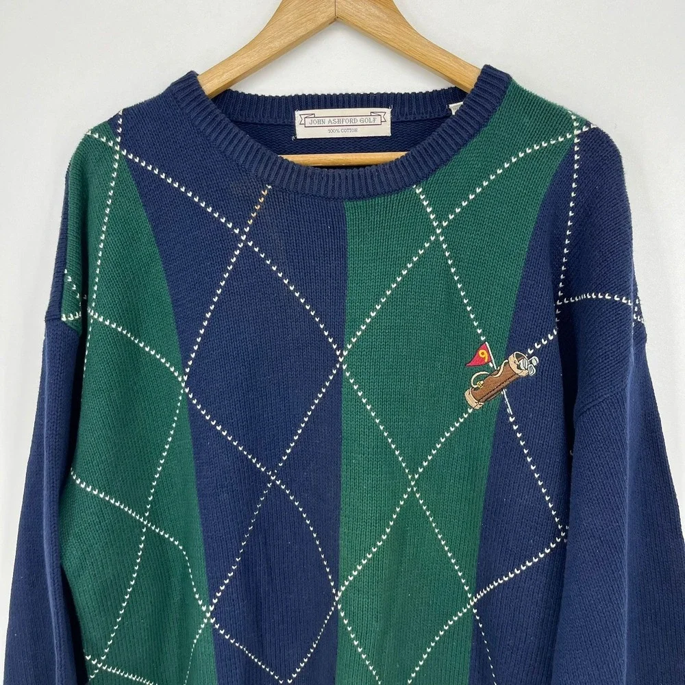 John Ashford Golf Mens XL Argyle Cotton Knit Sweater Navy Green Golf Bag Logo